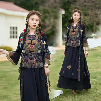 2023 kinijos retro nacionalinės siuvinėjimo moterų palaidinė cheongsam elementas ilgomis rankovėmis stovėti apykaklės atsitiktinis kinijos etninės viršuje s157