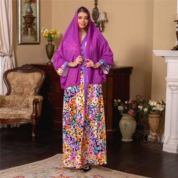 2023 Musulmonų Ramadano Suknelė Moterims Eid Gėlių Spausdinti Abaja Dubajus Arabų Vestidos Moroccon Kaftan Islamas Drabužiai Suknelė Skraiste Su Skara