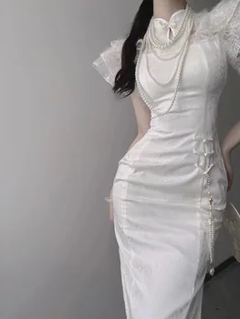 2023 Naujas Kinijos Nacionalinės Cheongsam Balta Nėrinių Suknelė Elegantiška Vintage Moterų Ilgos Suknelės Plaukioja Rankovės Seksualus Qipao S2107