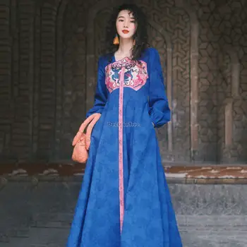 2023 naujo derliaus žakardinės medvilnės, lino siuvinėjimo kinų stiliaus ilgomis rankovėmis suknelė moterims aikštėje apykaklės-line atsitiktinis suknelė