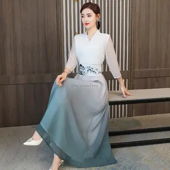 2023 pagerėjo hanfu suknelė kinijos nacionalinio stiliaus zen arbata suknelė moterų kryžiaus apykakle ilgomis rankovėmis pasakų elegantiška suknelė vasaros s428