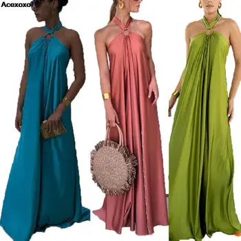 2023 vasarą nauju moterų suknelė vientisa spalva mados atsitiktinis seksualus šalies hangneck berankovis suknelė