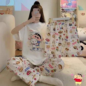 Anime Cartoon Pieštuku Shinchan Pižama Vasaros Paprastumas Spausdinti Trijų Dalių Rinkinys Nightdress Mielas Studentų Plonas Stiliaus Homewear