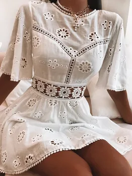 Aproms Elegantiška Baltųjų Gėlių Siuvinėjimas Medvilnės Suknelė Moterims Atsitiktinis Aukštosios Mados Backless Trumpos Suknelės Aukšto Juosmens Rudenį Suknelė