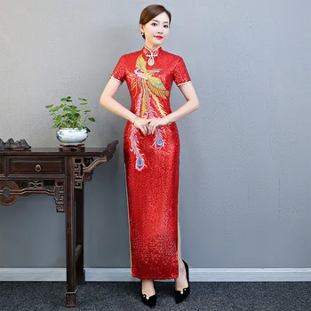 Derliaus Phoenix Siuvinėjimai Blizgančiais Aplikacijos Qipao Moterų trumpomis Rankovėmis Kinijos Cheongsam Vestidos Negabaritinių 5XL