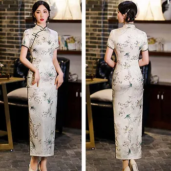 Derliaus Spausdinti Cheongsam Mandarinų Apykaklės Moterų Ilgai Vestidos Negabaritinių Kinų Tradicinė Suknelė Elegantiškas Vakare Šalies Qipao