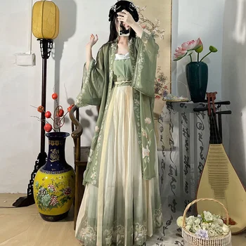 Hanfu Moterų Kinijos Tradicinės Cosplay Kostiumų Senovės Song Dinastija Hanfu Suknelė Pavasario Vasaros 3pcs Žalia Rinkiniai Moterims Suknelė
