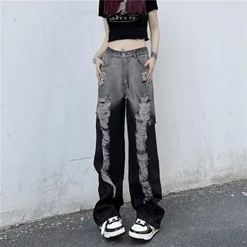 Hikigaw Derliaus Streetwear Skylių Gradientas Moterų Kelnes Elegantiškos Mados Harajuku Tiesios Kelnės Y2k Punk Hip-Hop Prarasti Pantalones