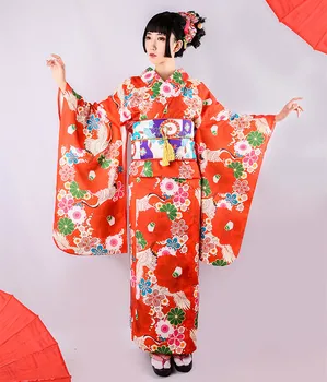 Japonijos Ponios Chalatas Kimono Sakura Krano Purtyti Rankovės Kimono Suknelę Moteris Poliesteris Spausdinti Retro Apranga, Kelionės