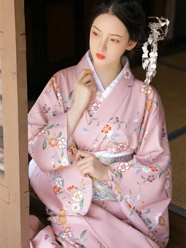 Japonų stiliaus moterų tradicinių kimono pink gėlių spausdinti oficialų Yukata vaidmenų kostiumas fotografijos suknelė