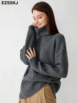 kašmyras Rudens Žiemos aukštas kaklas storas, negabaritinių Megztinis puloveriai Golfo Moterų LAISVAS megztinis puloveriai moterų ilgomis Rankovėmis