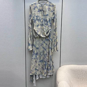 Kilimo ir tūpimo tako 23SS Naują Spausdinimo Suknelė Mados Apvalios Kaklo Nėrinių Dizaino Blyksnius ilgomis Rankovėmis Lieknėjimo Suknelės Elegantiškas Prašmatnus Moterų Drabužiai