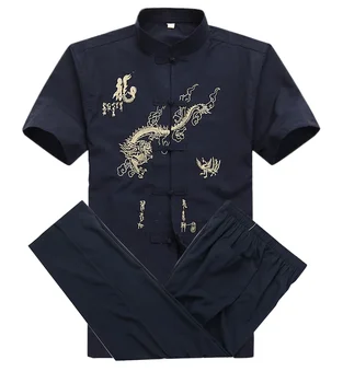 Kinijos Vyrų Medvilnės Kung Fu Kostiumas Siuvinėjimo Wu Shu Vienodas Chi Drabužių trumpomis Rankovėmis Marškiniai+Ziajać M L XL XXL XXXL MS013