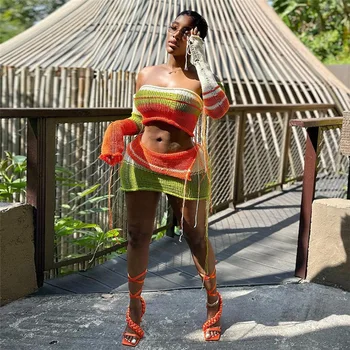Moterų 2023 Vasaros Vamzdžių Viršūnes Mini Sijonas Paplūdimio drabužiai suknelė Atostogų Dviejų dalių Atitikimo Rinkiniai, Komplektai, Megzti tuščiaviduriai iš trumpų boho