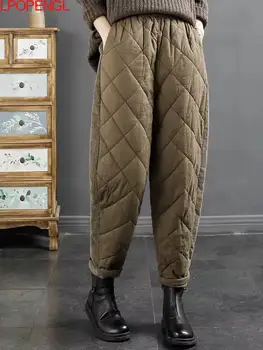 Moterų Žiemos Lingge Kratinys Kieta Elastinga Juosmens Sutirštės Haremo Kelnės Streetwear Elastinga Juosmens Išlaikyti Šiltas Kulkšnies ilgio Kelnės