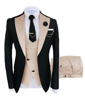 Oficialus 3 Gabalus Vyrų Kostiumas Slim Fit Verslo Smėlio spalvos Kostiumai Jaunikis Šampano Tuxedos Vestuvių Kostiumas (Švarkas+Kelnės+Liemenė)