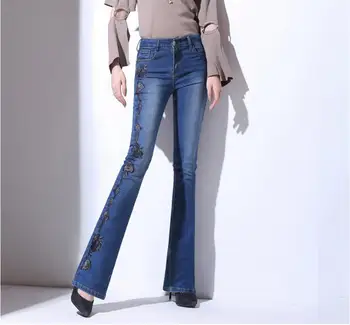 pavasarį, rudenį aukšto juosmens siuvinėjimo micro-garsiakalbis džinsai, kelnės Slim vidutinio amžiaus tiesiai bell-dugnas moterims
