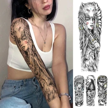 Pilnas Didelių Rankos Rankovių Tatuiruotės 3D Indėnų Genties Mergina Fox Vandeniui Laikinos Tatuiruotės Lipdukas Arklių Vyrų, Moterų Kūno Menas Netikras, Tatuiruotė
