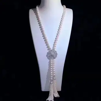 Rankomis rišti 8-9mm baltos spalvos gėlavandenių perlų micro apdaila cirkonis aksesuarai, kutai megztinis karoliai ilgai 70+15cm