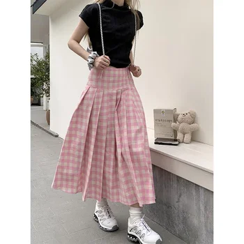 Rožinės Spalvos Pledas Sijonas Moterims Korėjos Ilgas Klostuotas Kawaii Aukšto Juosmens Y2k Streetwear Fairycore Harajuku Elegantiškas Preppy Merginos Derliaus