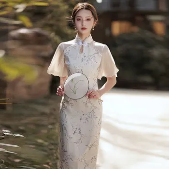 Solredo Kinijos Cheongsam Elegantiškas Klasikinis Vienodą Moterų Qipao Trumpas Rankovės Seksualus Vestuvių Vakaro Suknelė