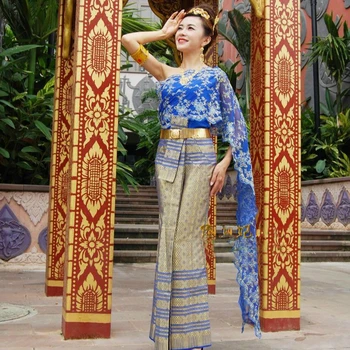 Tailando Tradicinių Drabužių Moterų Safyro Mėlyna Rankovių Vieno peties Viršūnės Sveiki Suknelė Songkran Kostiumas Tailandas Drabužiai