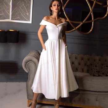 Trumpos Vestuvinės Suknelės Baltos, Moterų Paprastas Ir Švarus Dramblio Kaulo Elegantiškas Satino Vestuvinės Suknelės Vestido De Novia Apskrities Vestuvių