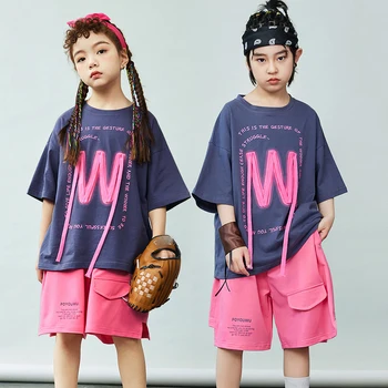 Vaikų Hip-Hop Šokio Kostiumai Vaikams Laisvi Marškinėliai Pink Šortai Kpop Komplektus Merginų Džiazo rodikliai Rodo, Streetwear DQS13172