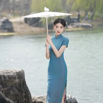 Vasaros Aukštos Ritininės Ilga Mėlyna Seksualus Cheongsam Elegantiška Vintage Tradicinę Kinų Stiliaus vakarinę Suknelę Šiuolaikinės Qipao Moterų Šalis