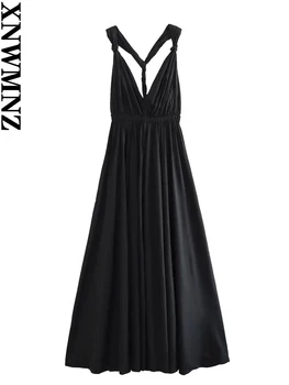 XNWMNZ Moterų Mados 2023 Juodo Nailono Audinio suknelė Moterys Šalis Stilius V-Kaklo Backless Elastinga Juosmens Moterų 