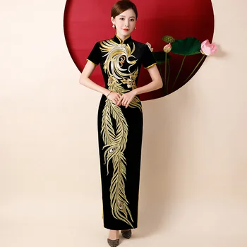 Yourqipao Podiumo Cheongsam Ilgai Rezultatų Drabužių Cheongsams Naujų Aukso Aksomo Kinų Stiliaus Moteris Motina Vakarinę Suknelę
