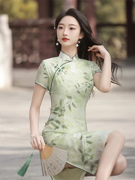 Yourqipao Vasaros Gėlių Šiuolaikinės Cheongsam Retro Mados Seksualus Jaunas Merginas Kasdien Qipao Kinų Stiliaus Vakaras Suknelė Moterims Šalis